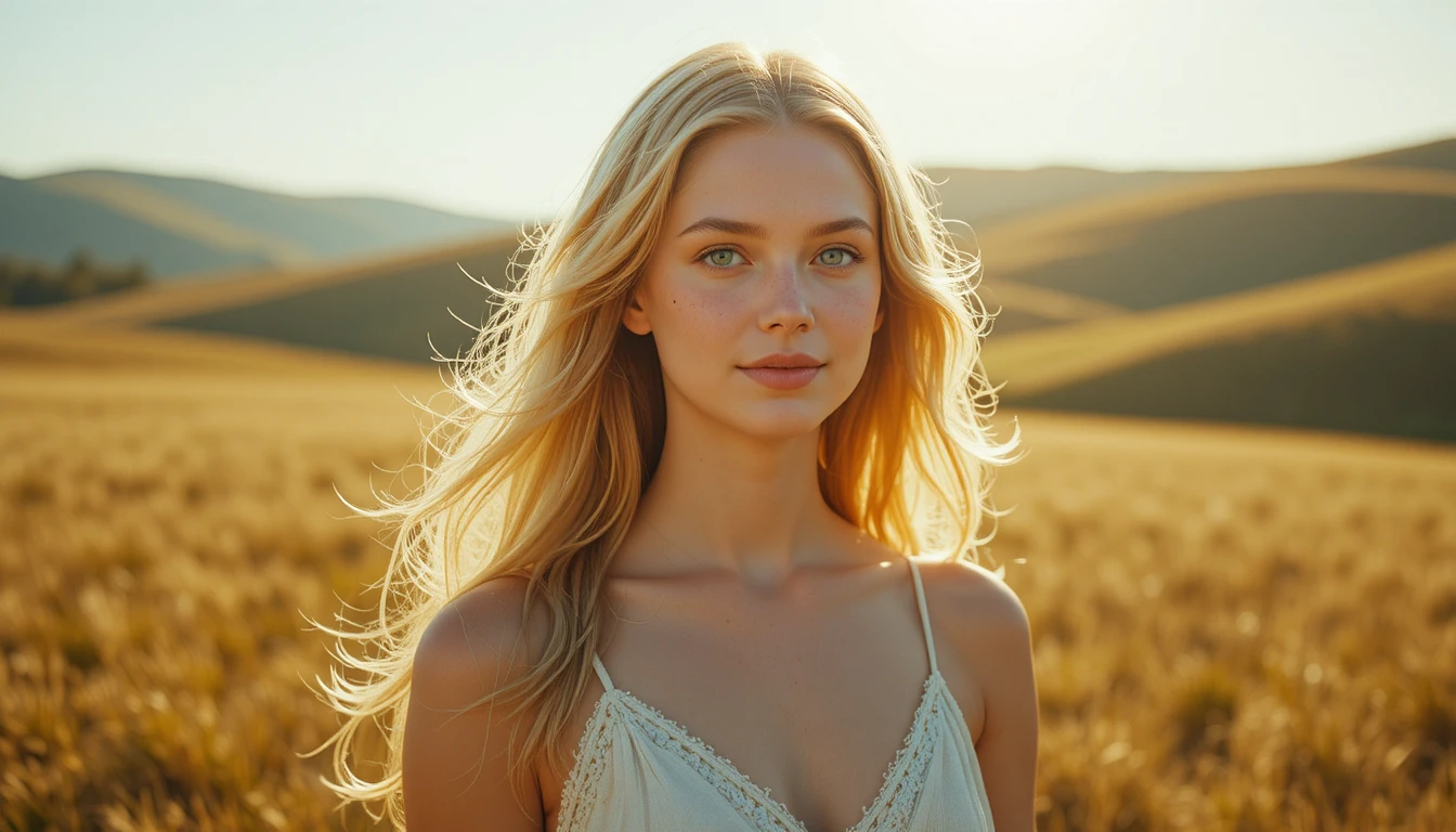 Joven mujer en un campo soleado al atardecer