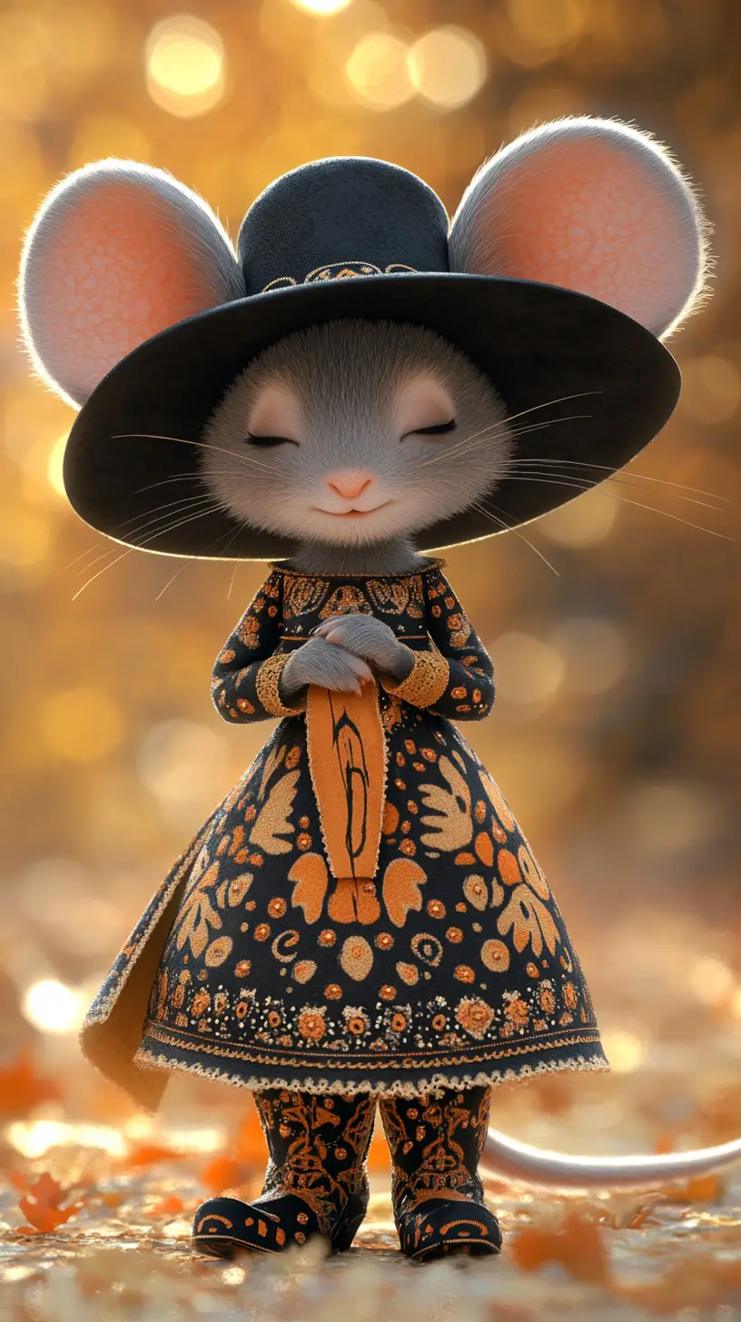 Anthropomorphe Maus im gemusterten Kleid vor traumhaftem Bokeh-Hintergrund