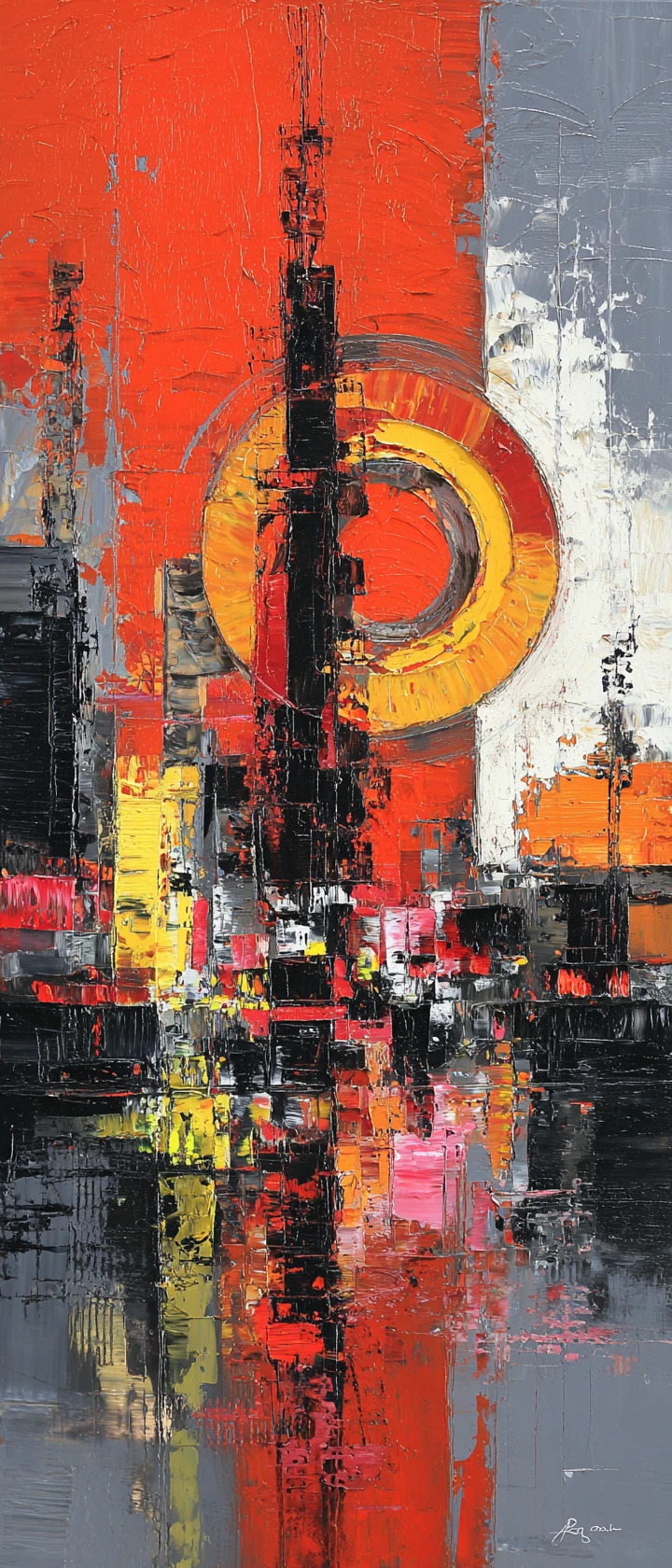 Pintura abstrata circular em tons de laranja, preto e amarelo
