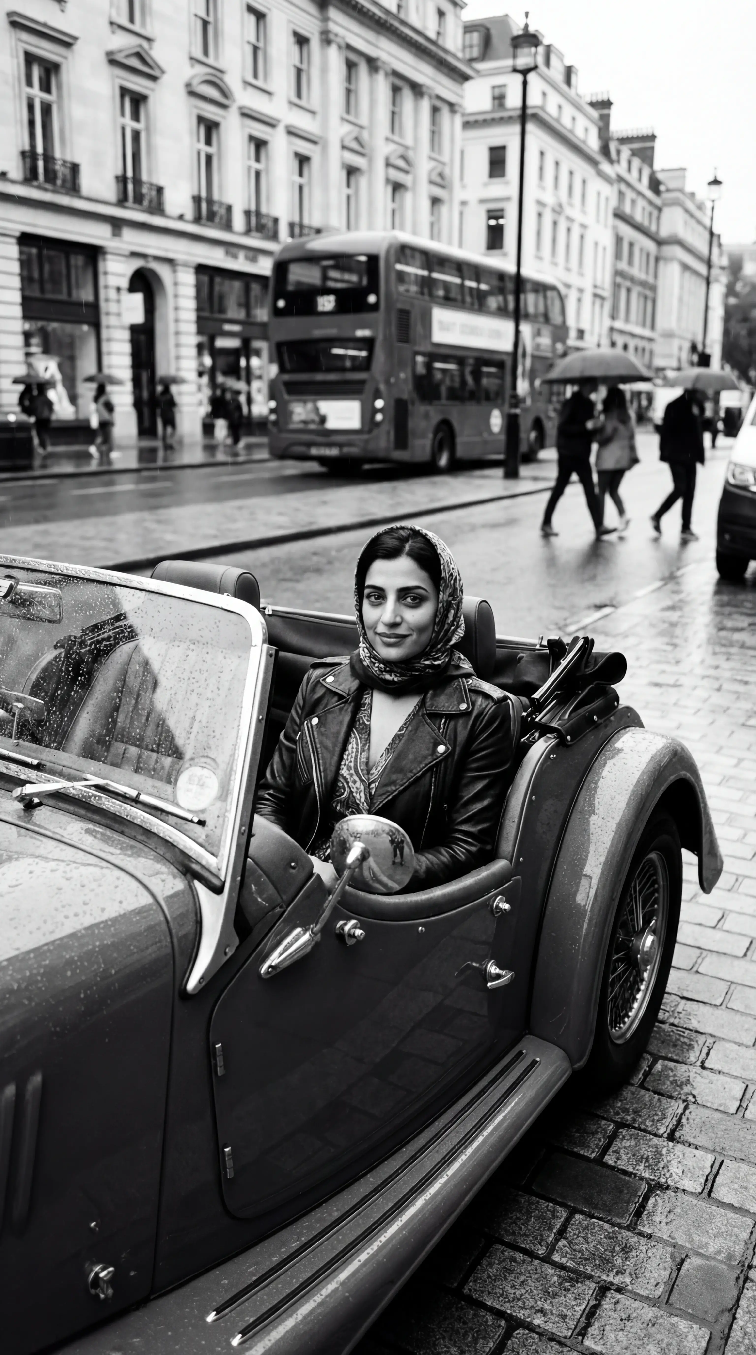 Mulher estilosa em conversível vintage em rua de Londres