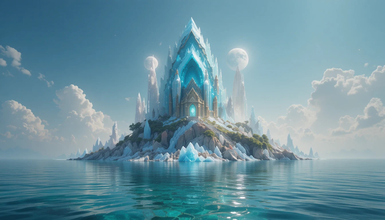 Templo de ilha de cristal brilhando sob luas gêmeas no mar