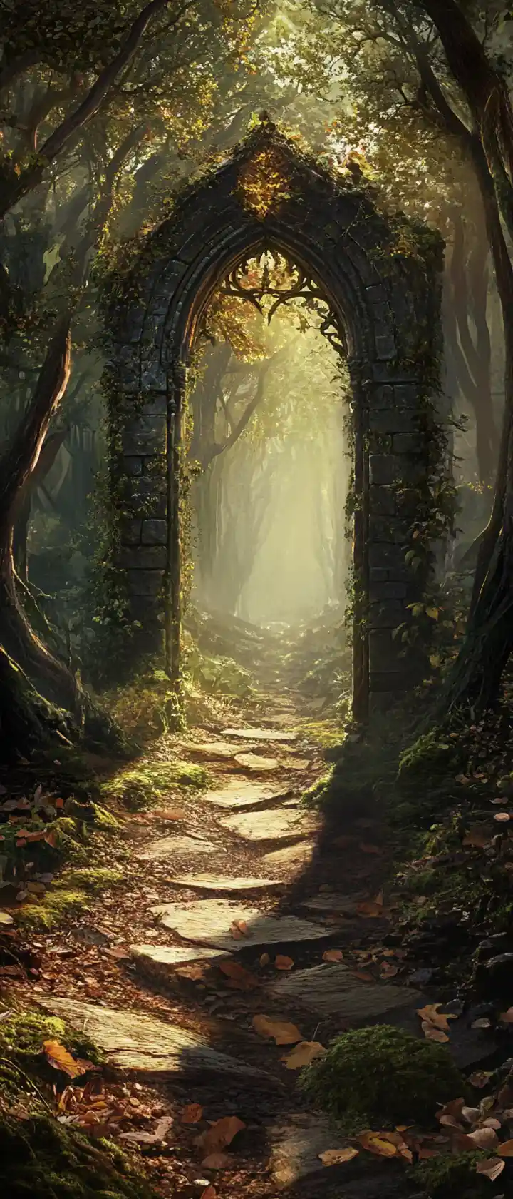 Ancient forest path leading to a glowing stone gateway