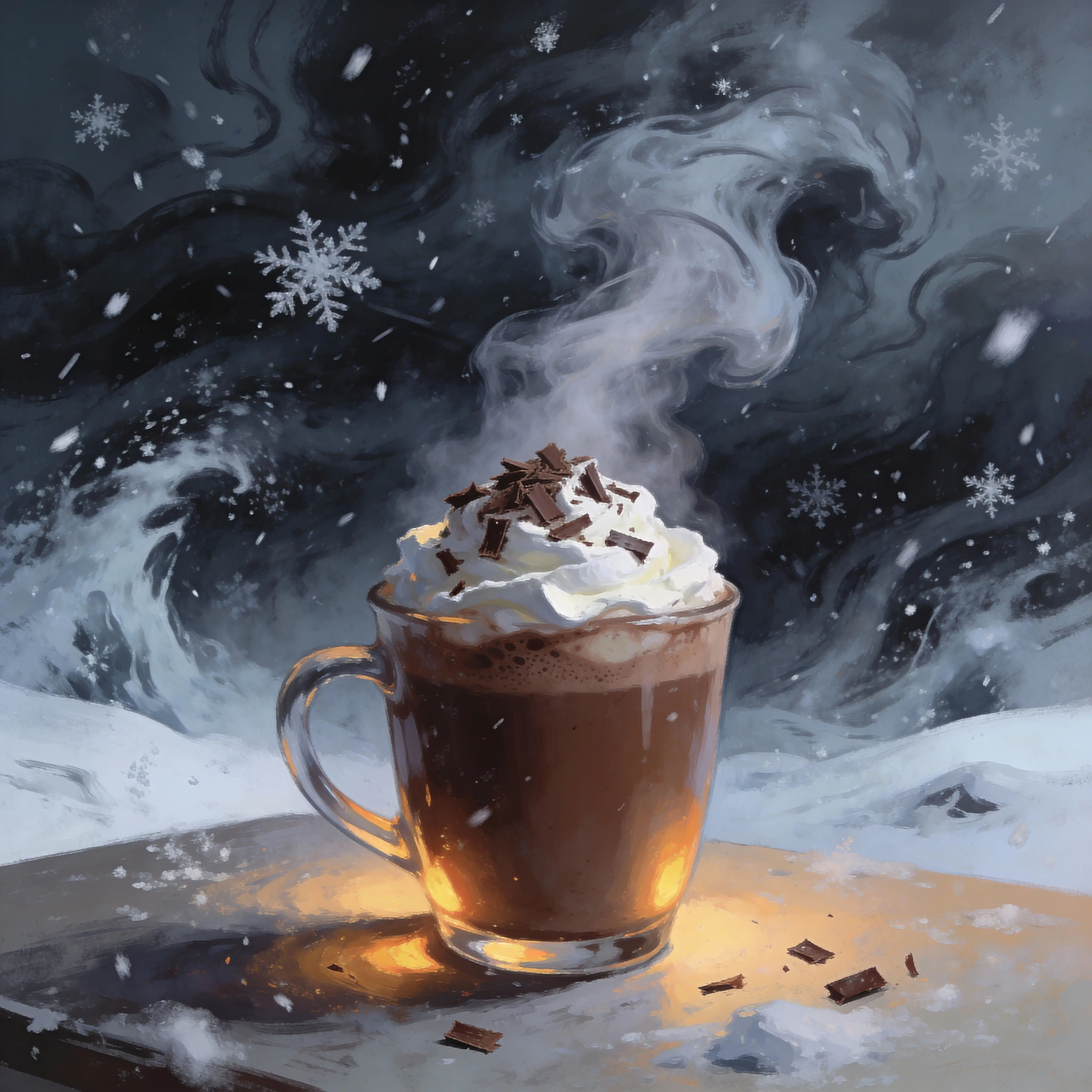 Xícara de chocolate quente fumegante contra o fundo de nevasca de inverno
