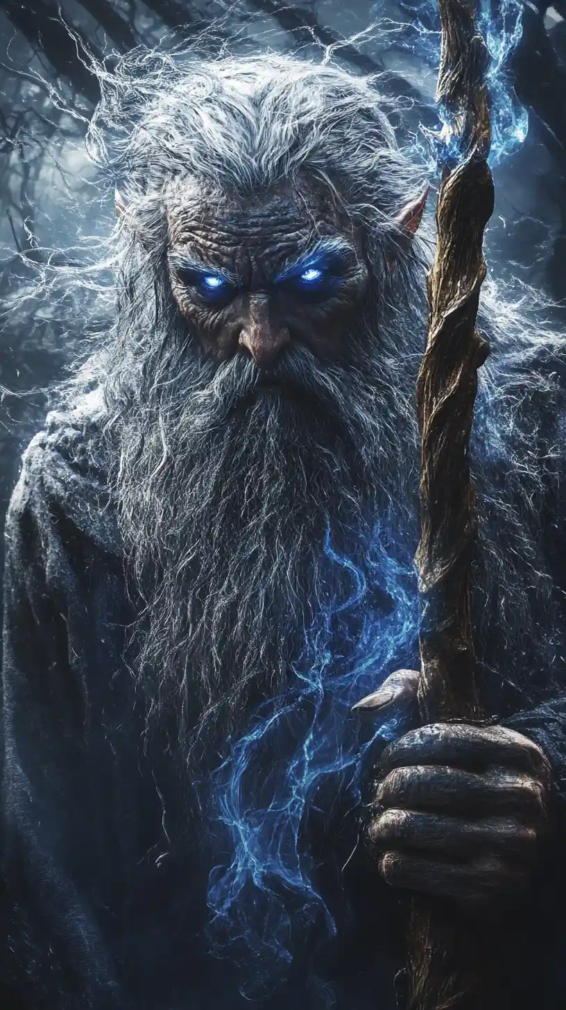 Mago dark fantasy che concentra il potere attraverso il bastone luminoso