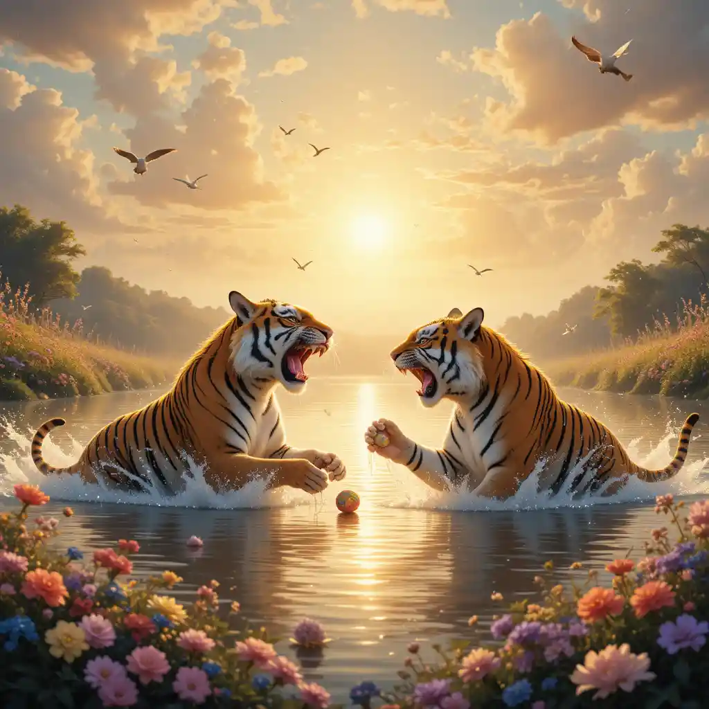 Tigres brincalhões espirrando em um lago onírico ao pôr do sol