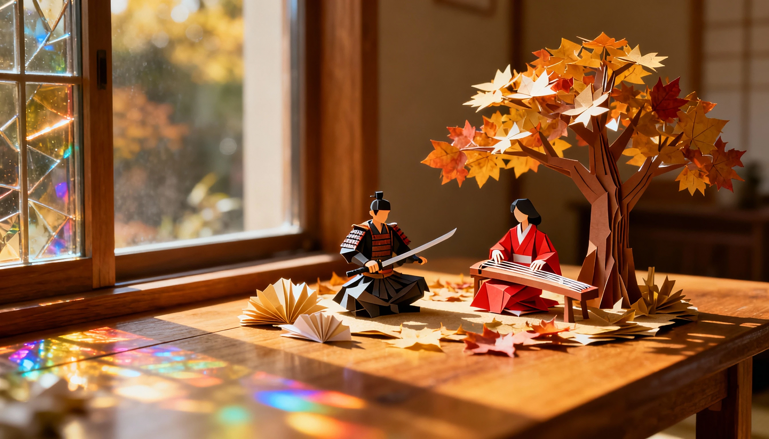 Pacifico samurai di origami e musicista su un tavolo illuminato dal sole