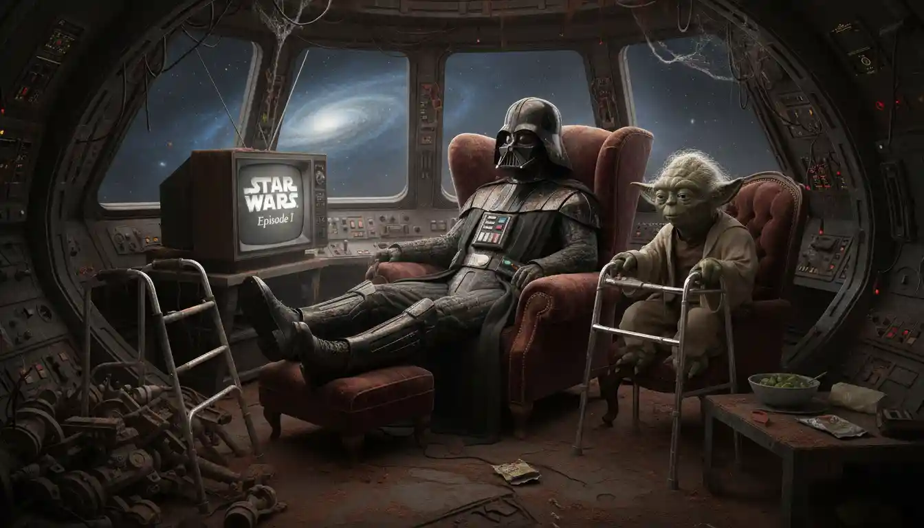 Old dark figure relaxing in a worn spaceship armchair