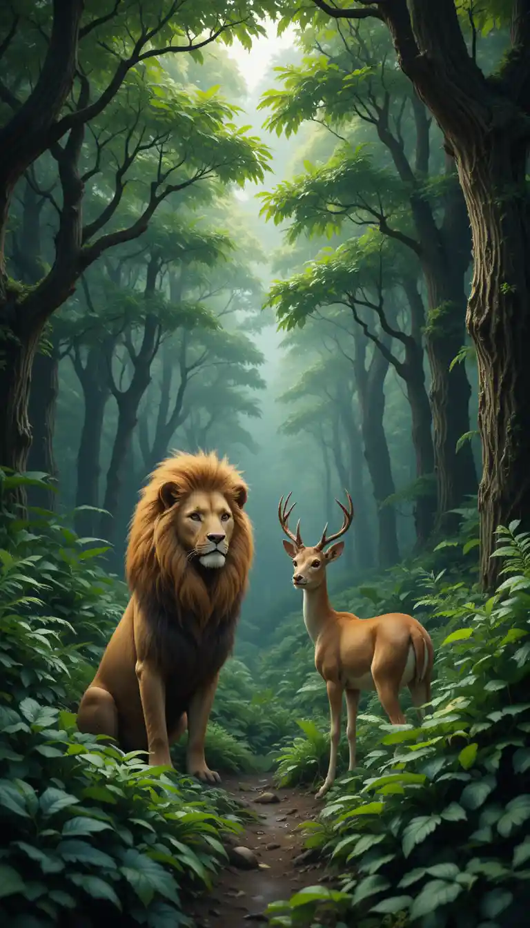 Poderoso leão e veloz cervo em uma densa floresta verde