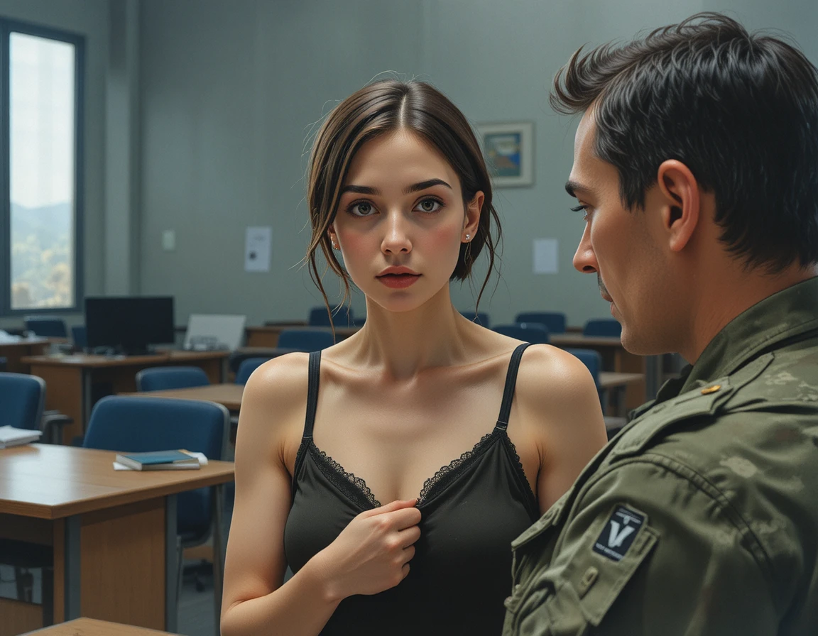 Joven con chaleco militar sorprendida en una oficina austera