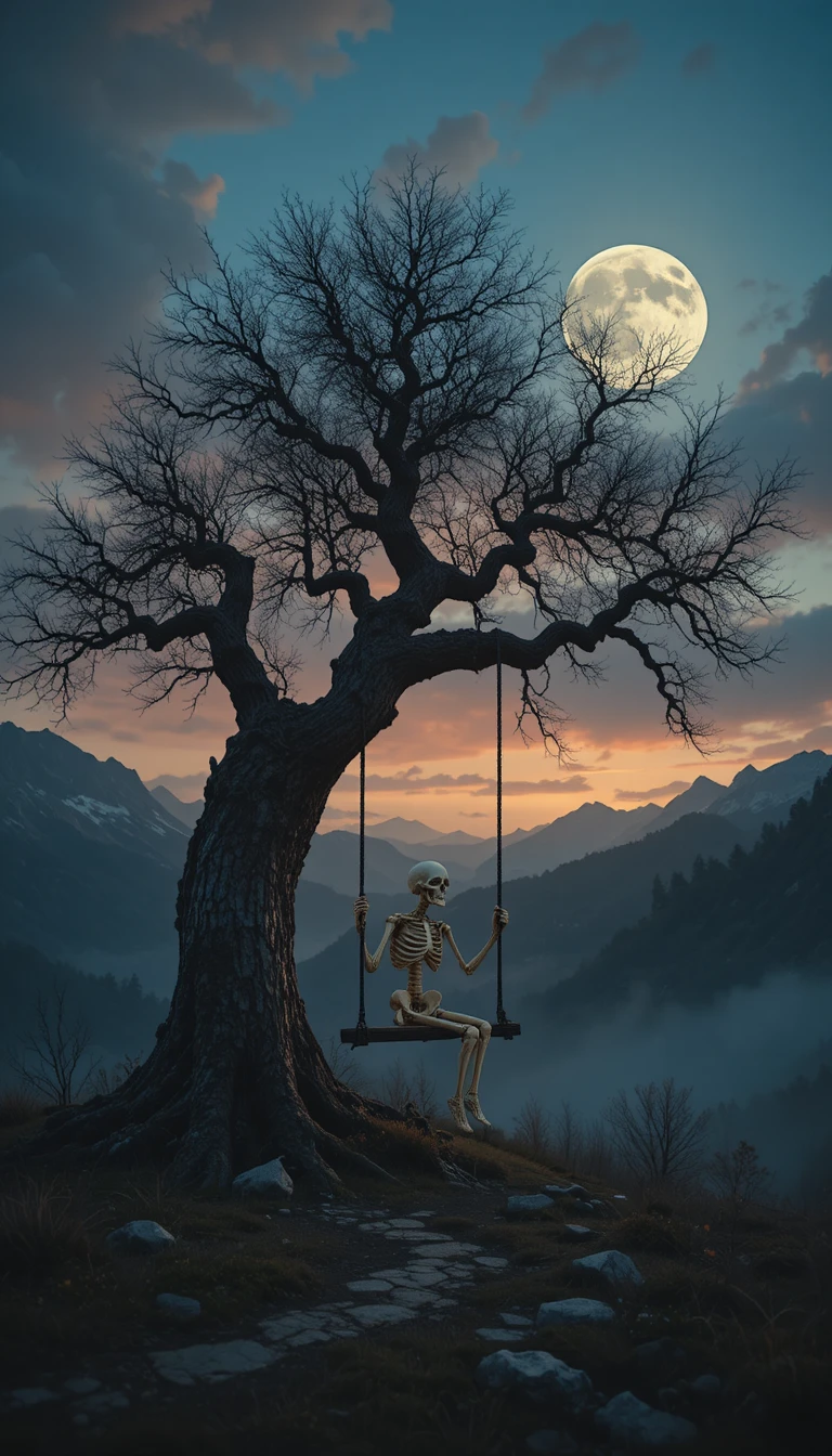 Squelette sur une balançoire sous un arbre ancien au crépuscule