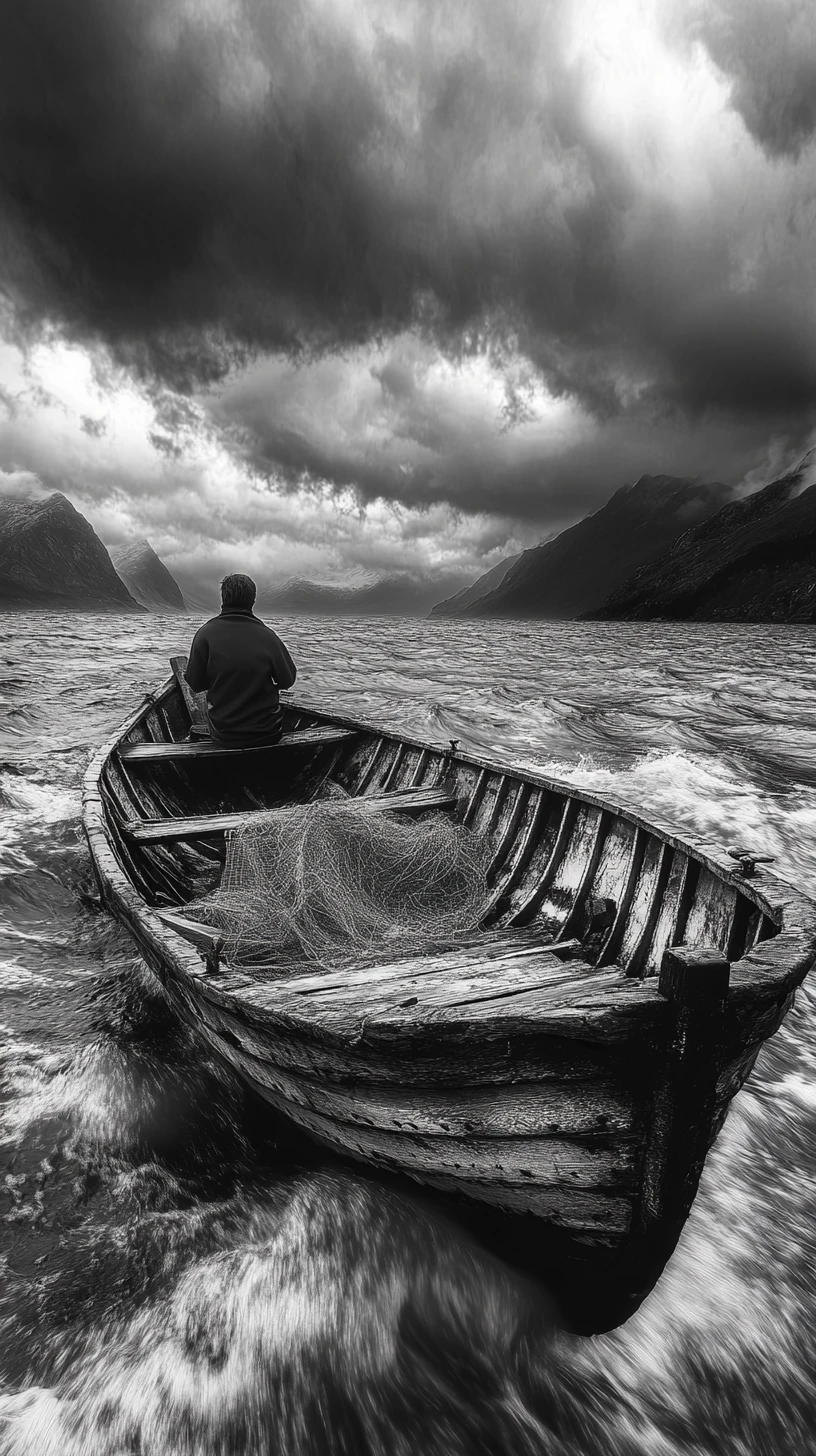Pescador em barco a remo em lago de montanha tempestuoso