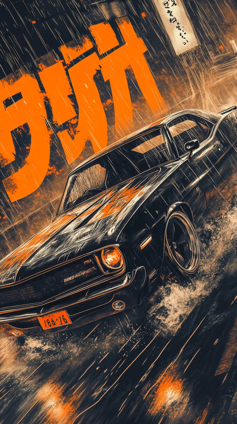 Black muscle car racing down a dark rainy city street