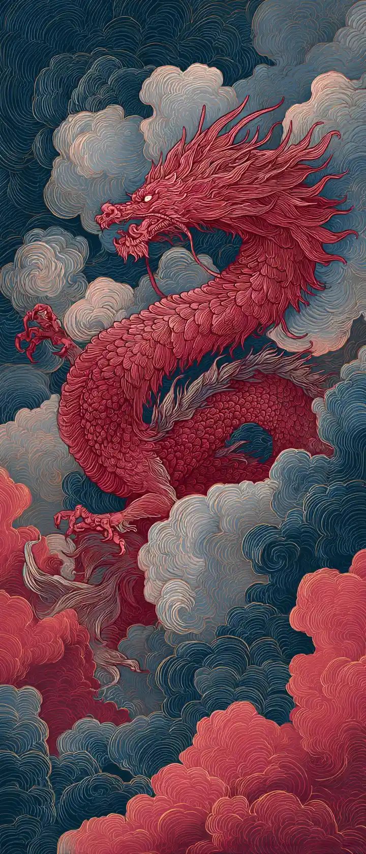 Roter Drache unter dramatischem, stürmischem Himmel in Fantasy-Kunst