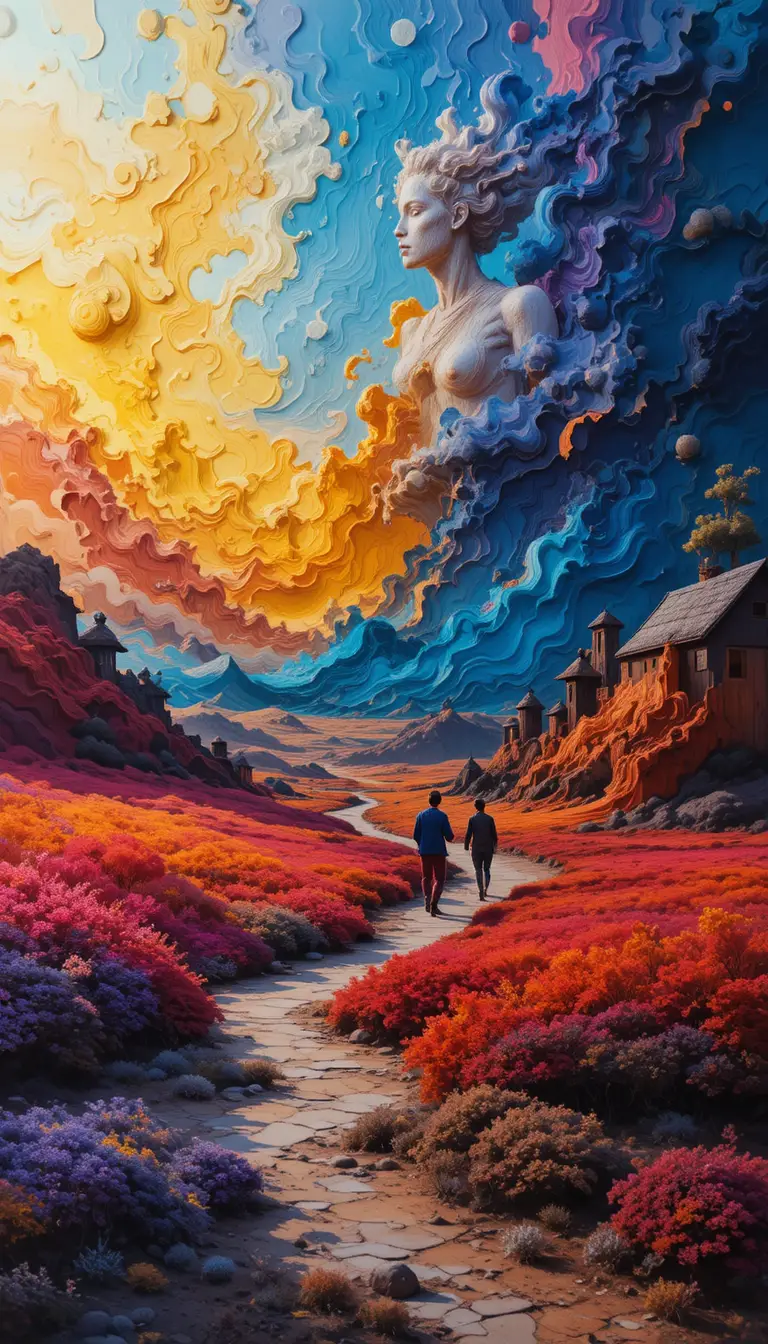 Paysage vibrant en impasto avec silhouettes semi abstraites en marche