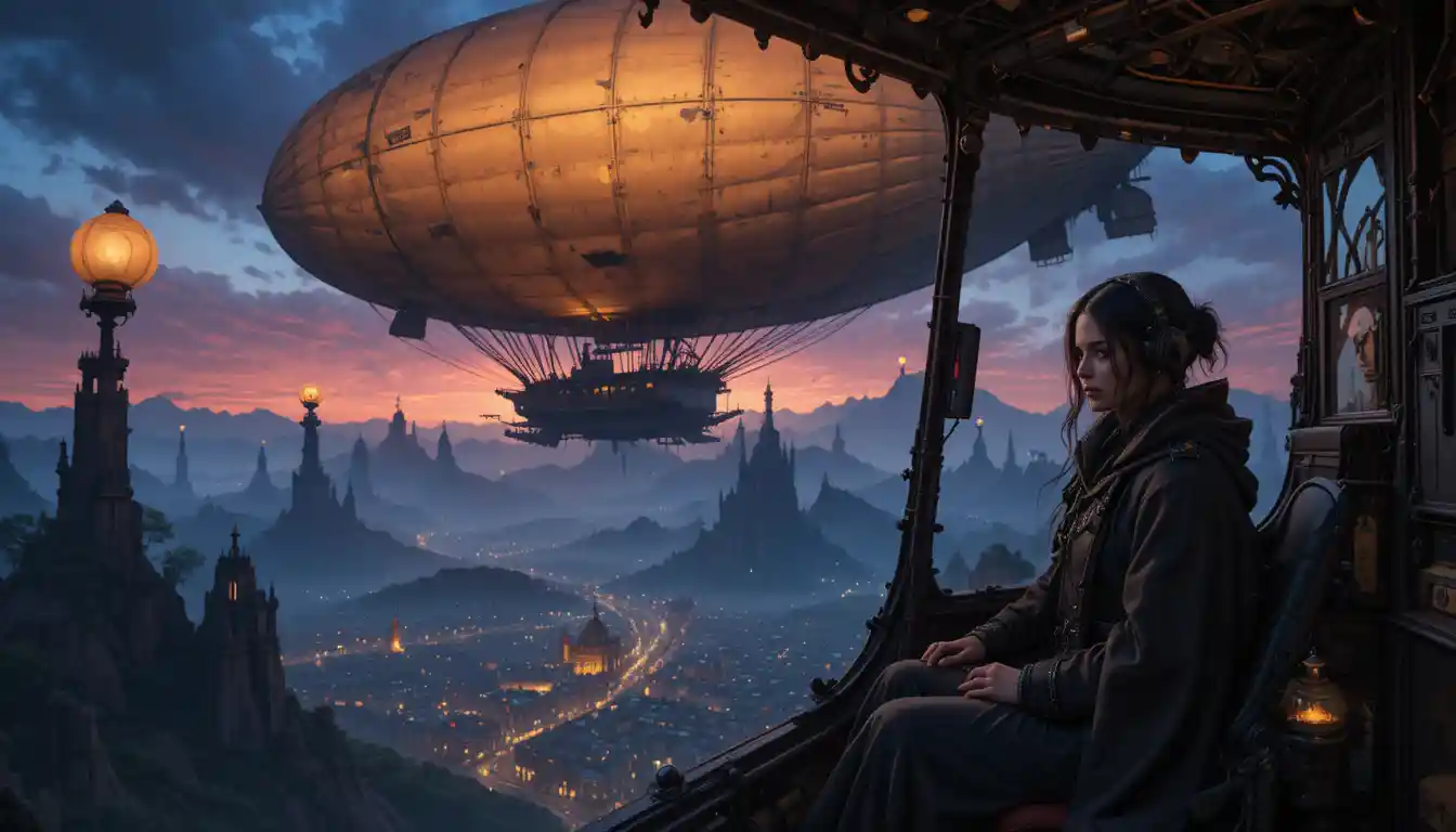 Woman piloting a steampunk airship through twilight skies