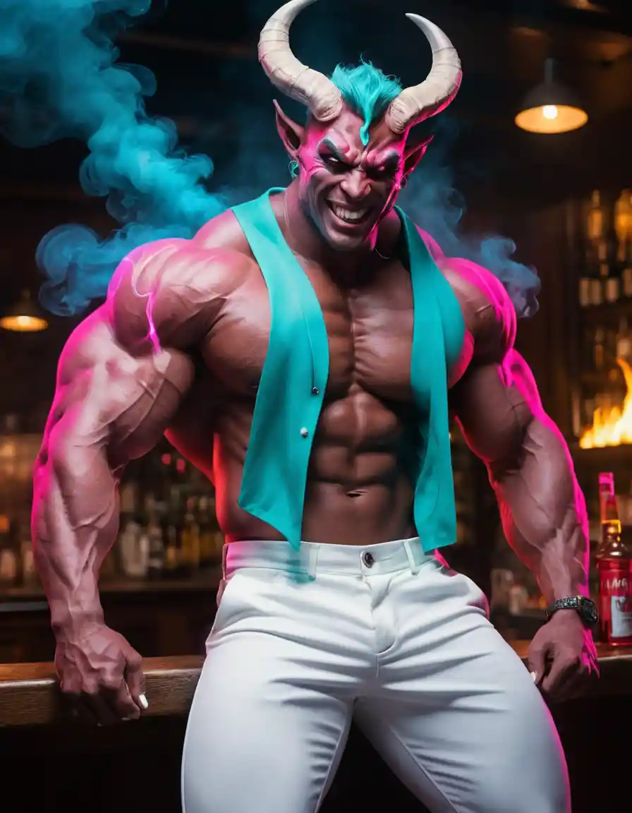 Muscular horned demon smoking in a neon lit bar