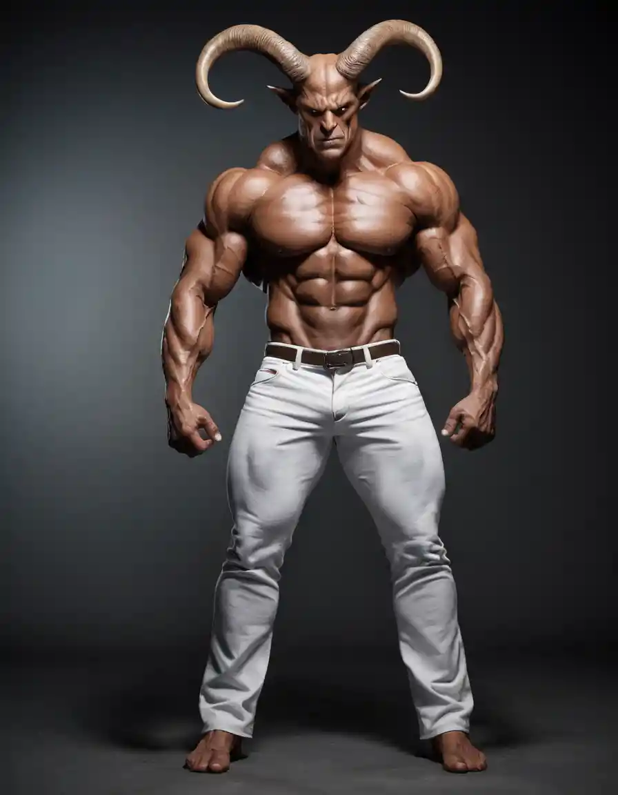 Full body muscular horned monster in white pants