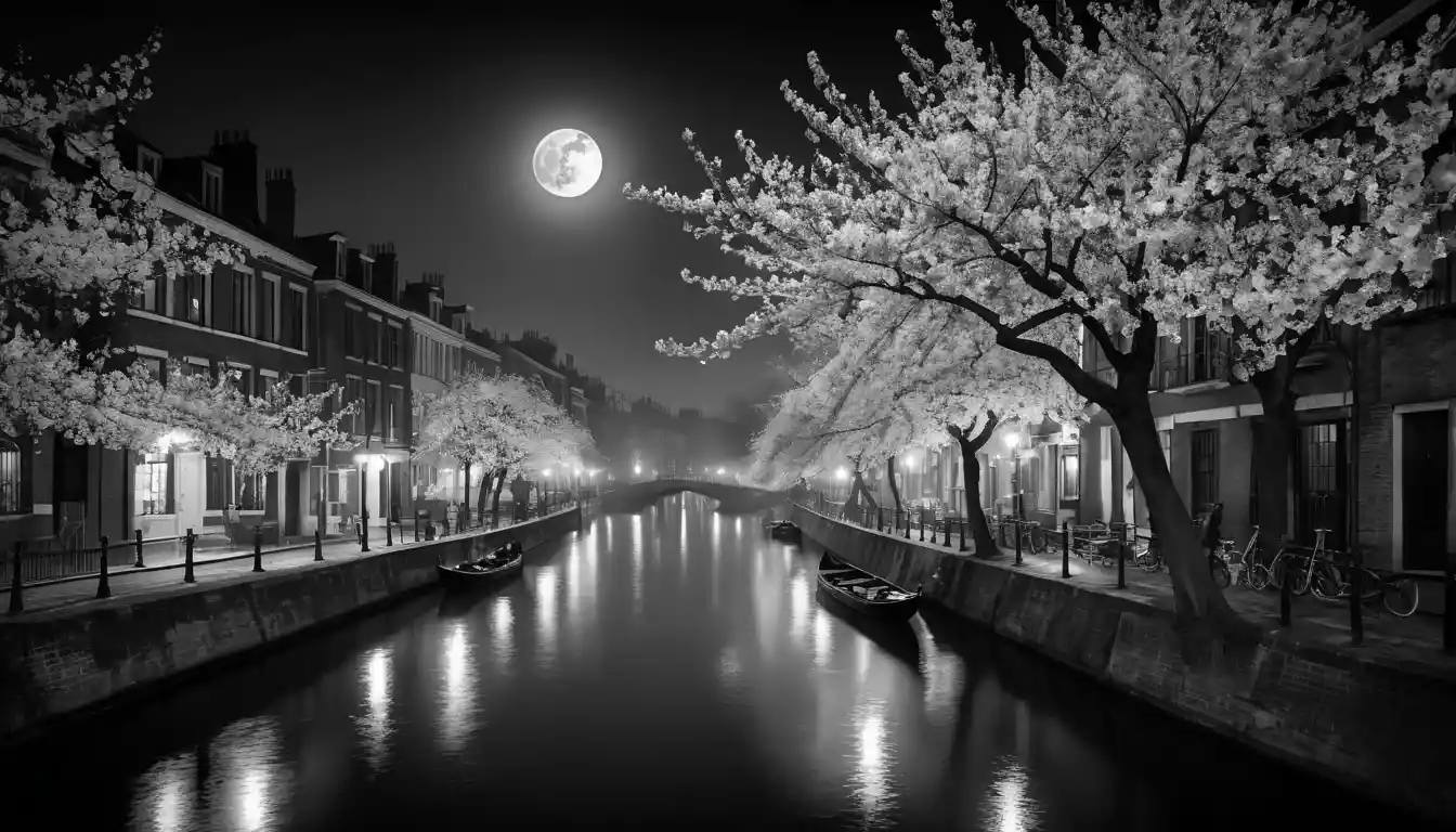 満月に照らされた春の街並みと桜
