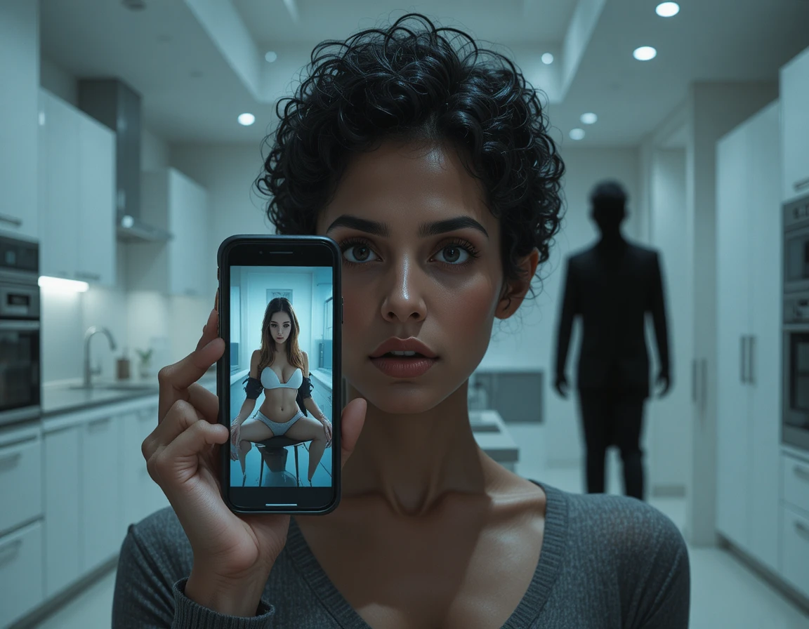 Woman lit by phone watching terrifying kitchen video