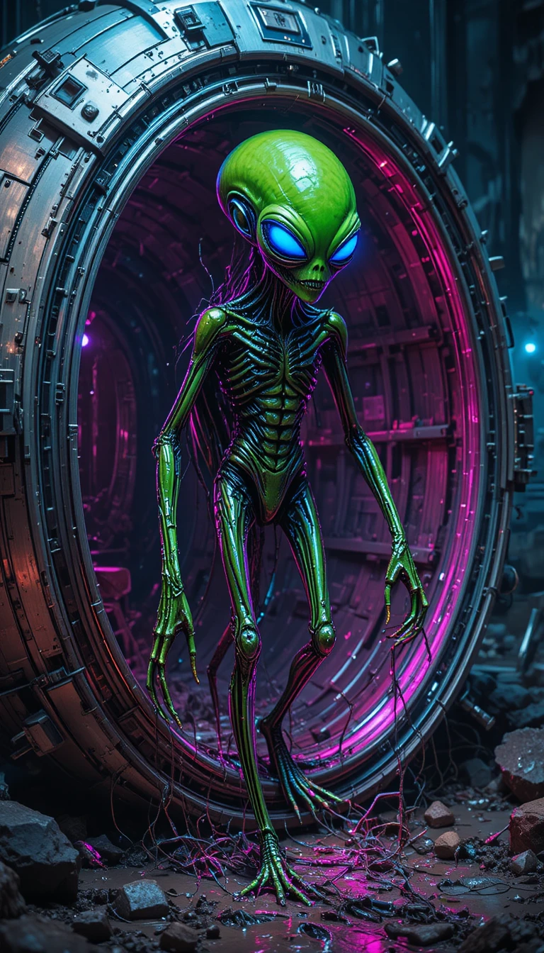 Sinistro alienígena verde saindo de uma nave espacial metálica