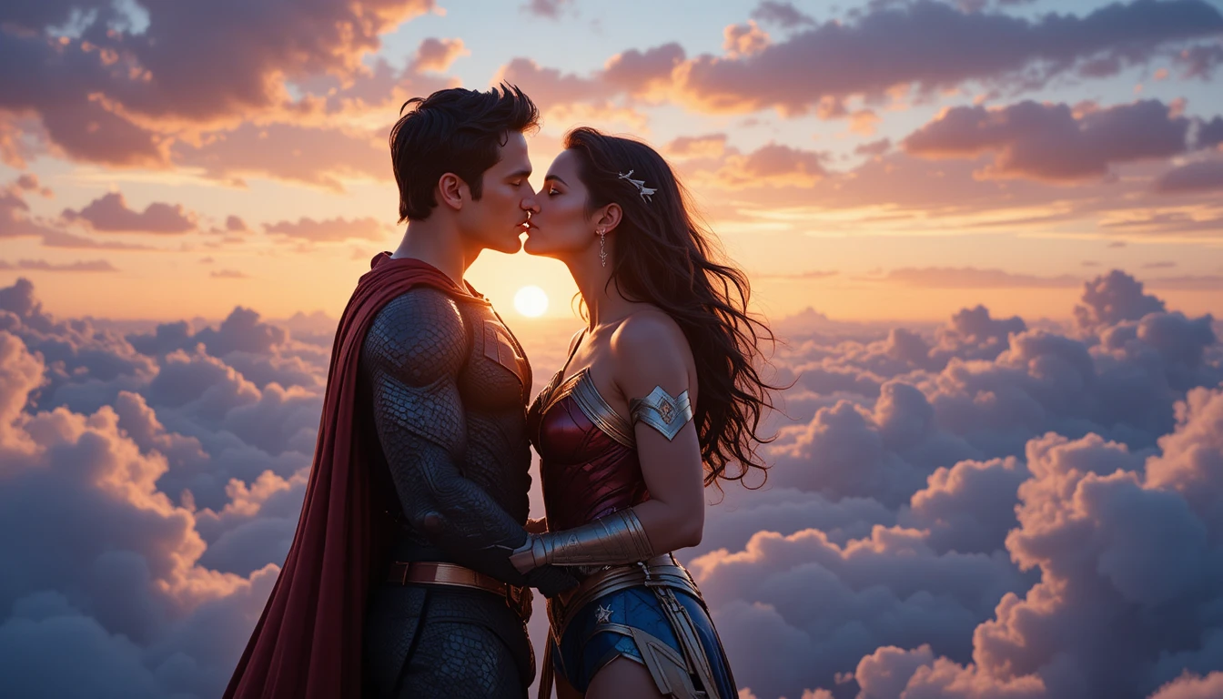 Casal de super-heróis se beijando suavemente em nuvens de pôr do sol brilhantes