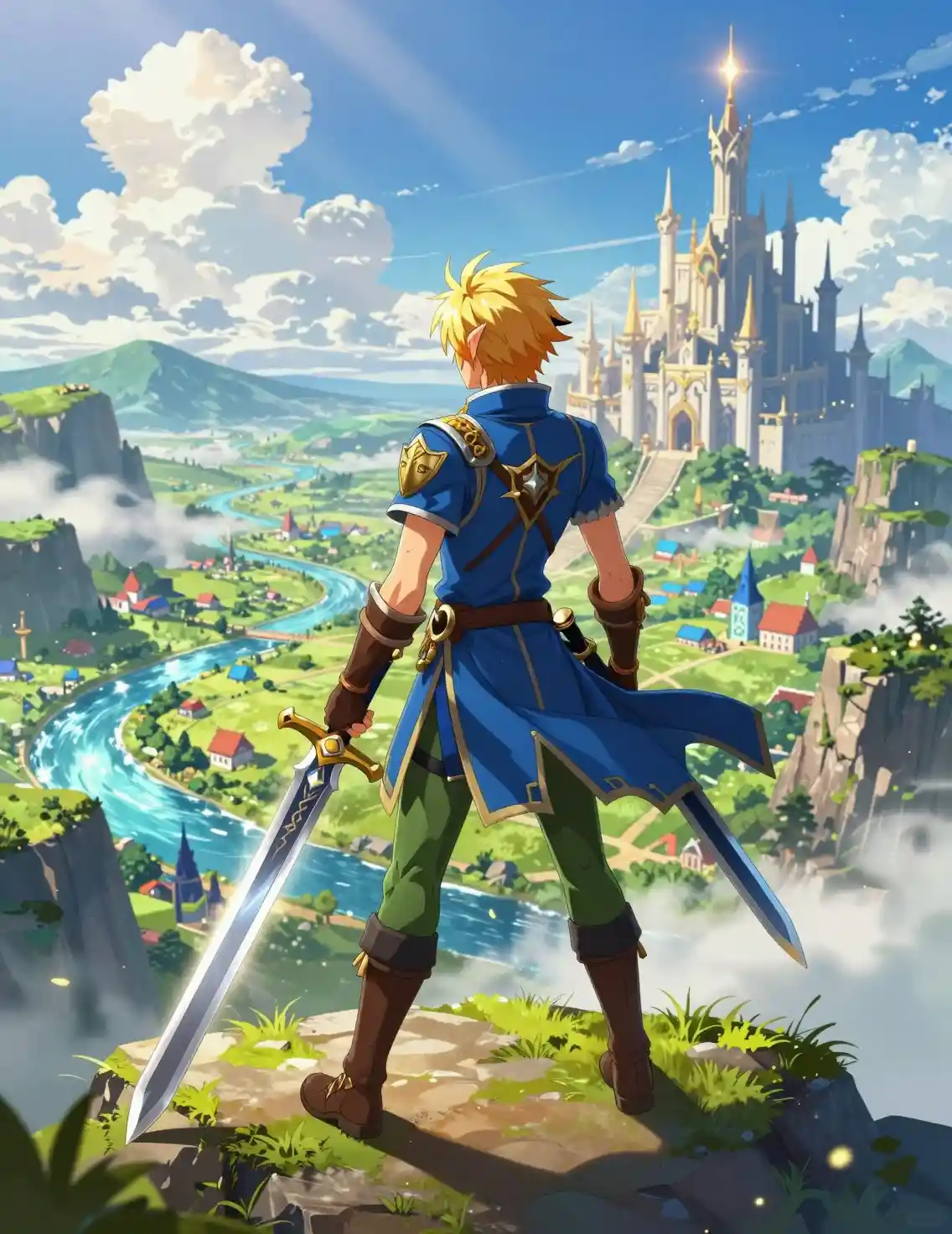 Guerreiro elfo erguendo a espada sobre um vasto reino de fantasia