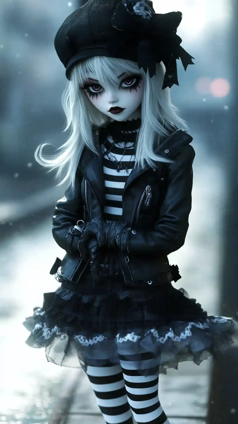 Gothic girl in black leather on a pastel waterfront dock