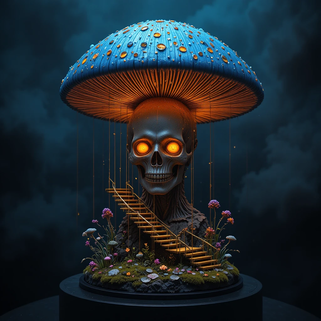 Glowing mushroom shrine rising from a lit skull