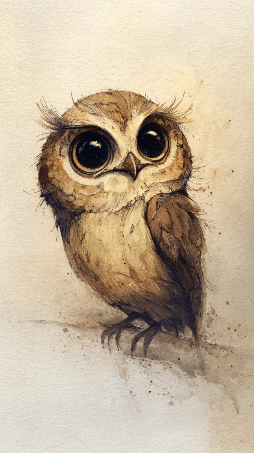 Coruja em Aquarela Onírica com Grandes Olhos Brilhantes