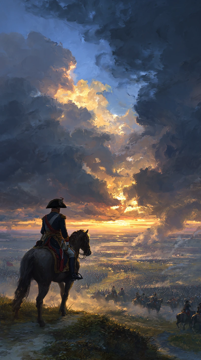 Napoleão a Cavalo Observando um Campo de Batalha ao Pôr do Sol