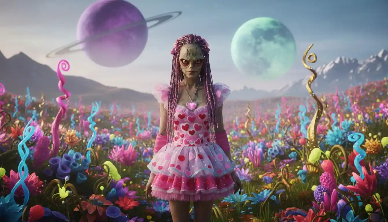 Femme en tenue de Saint-Valentin dans un champ alien coloré