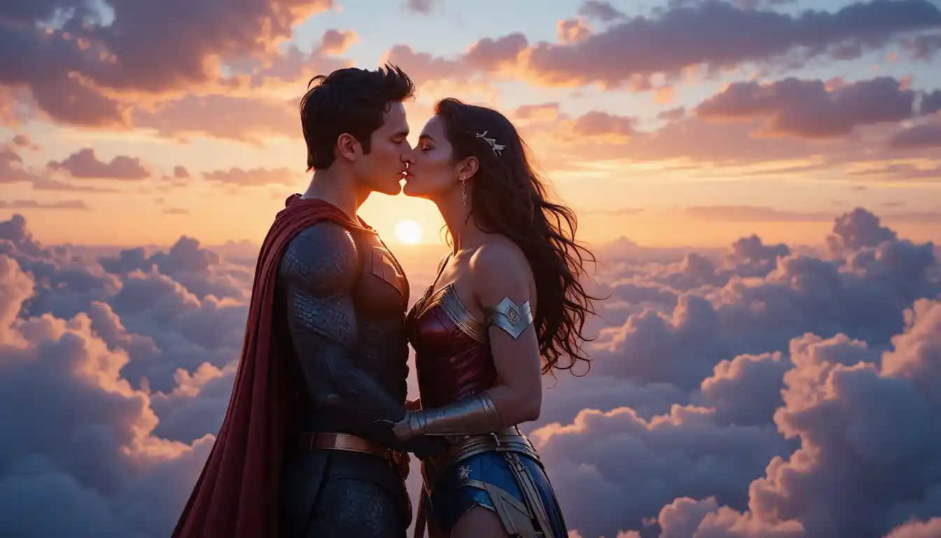Casal de super-heróis se beijando suavemente em nuvens de pôr do sol brilhantes
