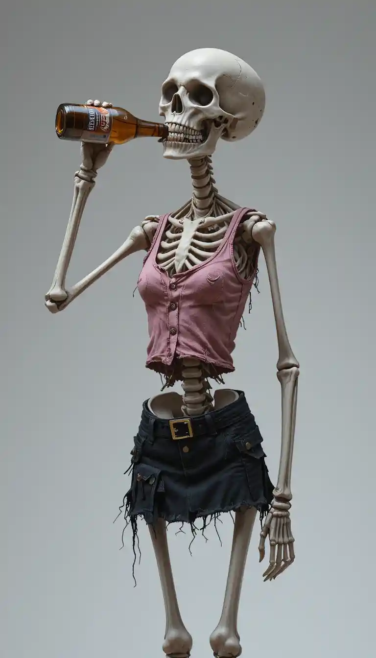 Skeleton in torn clothes drinking beer in cinematic style