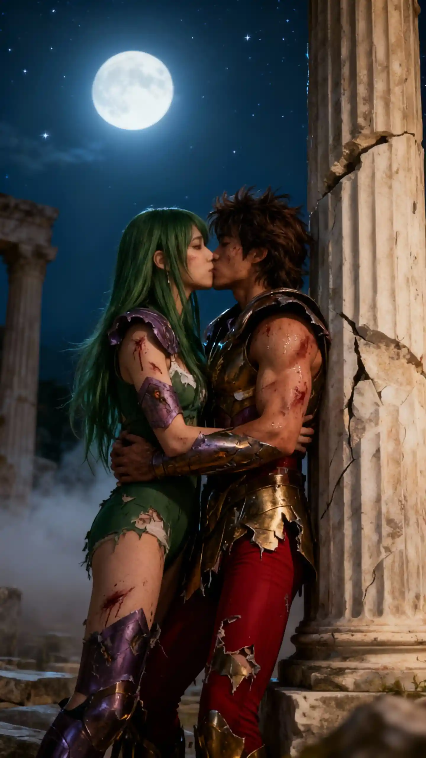 Lovers embrace under moonlight in ancient greek ruins