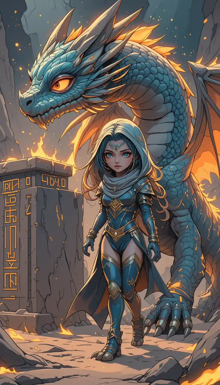 Anime warrior woman walking beside a massive dragon