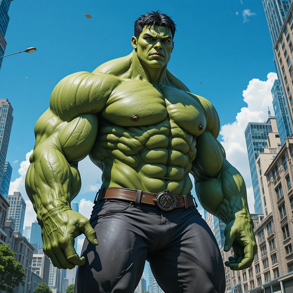 Super-herói verde e musculoso dominando uma cidade moderna