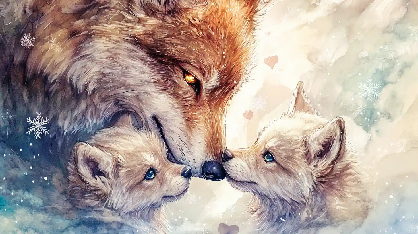 Watercolor wolf parents cuddling fluffy pups with shining eyes
