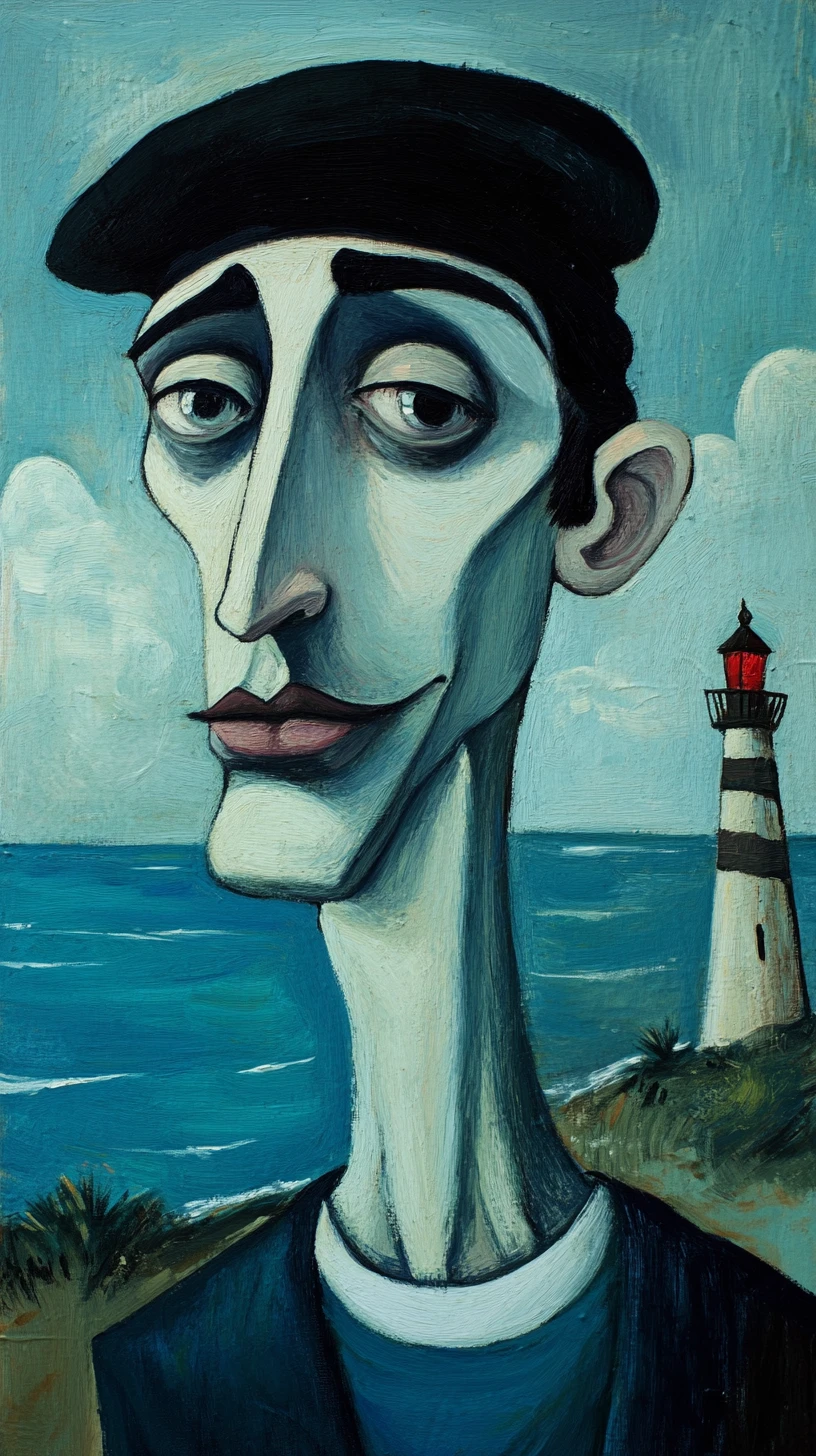 Französischer Mime am Meer mit entferntem Leuchtturm