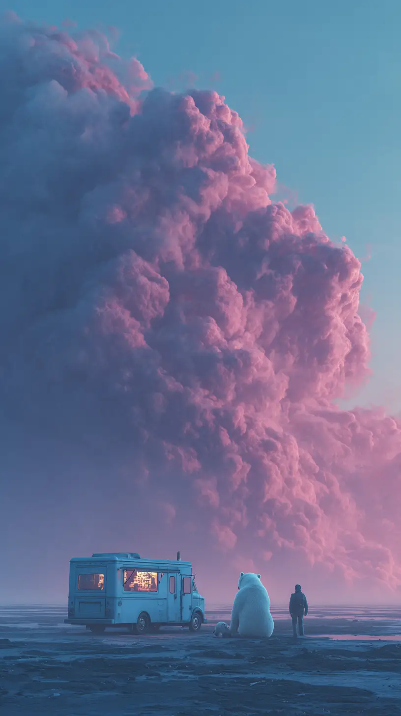 超現實暮光海灘與發光復古餐車場景