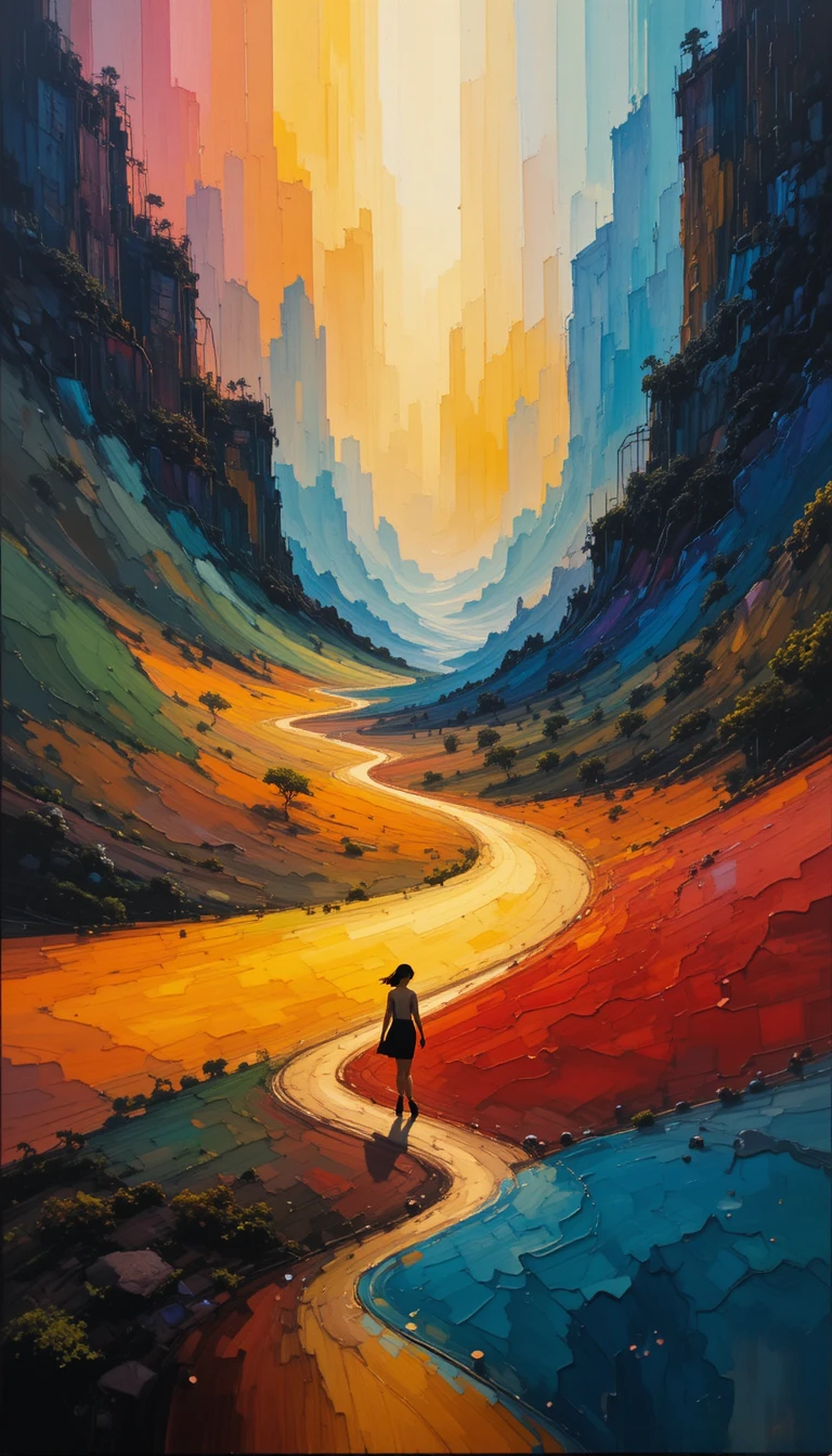 Paesaggio astratto vibrante con figure semi-astratte che camminano