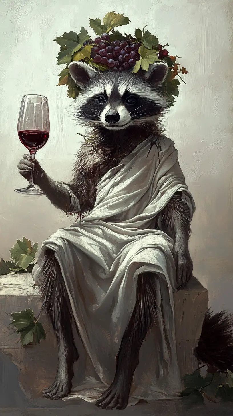 Anthropomorpher Waschbär-Dionysos mit fließendem Rotwein