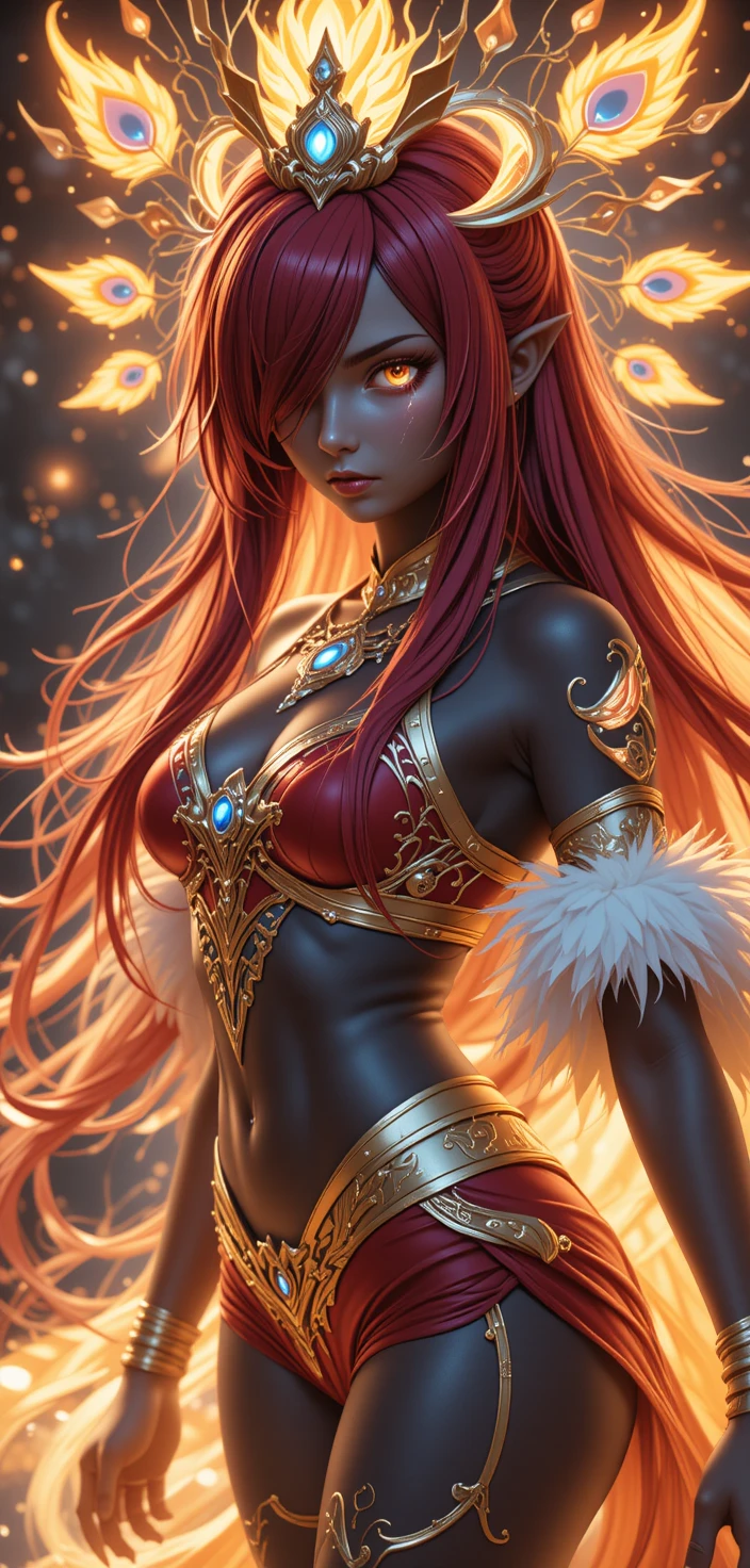 Guerrera de anime con tatuajes de emblema de gremio brillantes