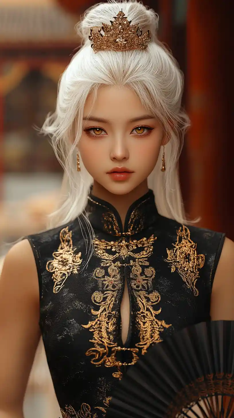 Mulher asiática elegante com vestido de noite preto e dourado