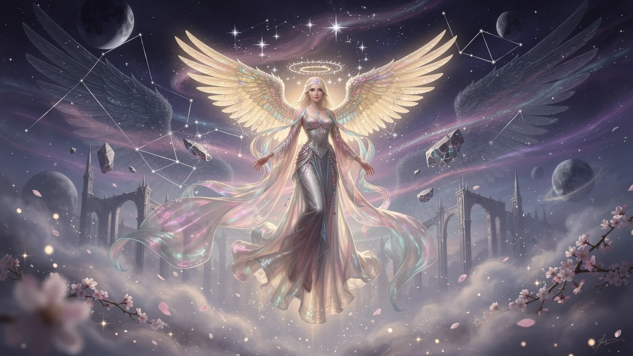Donna angelo eterea che fluttua in un paesaggio onirico celestiale