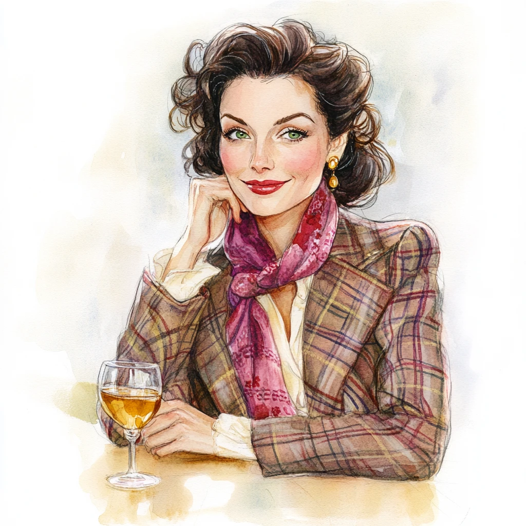 Cheerful woman in plaid suit at cozy cafe table