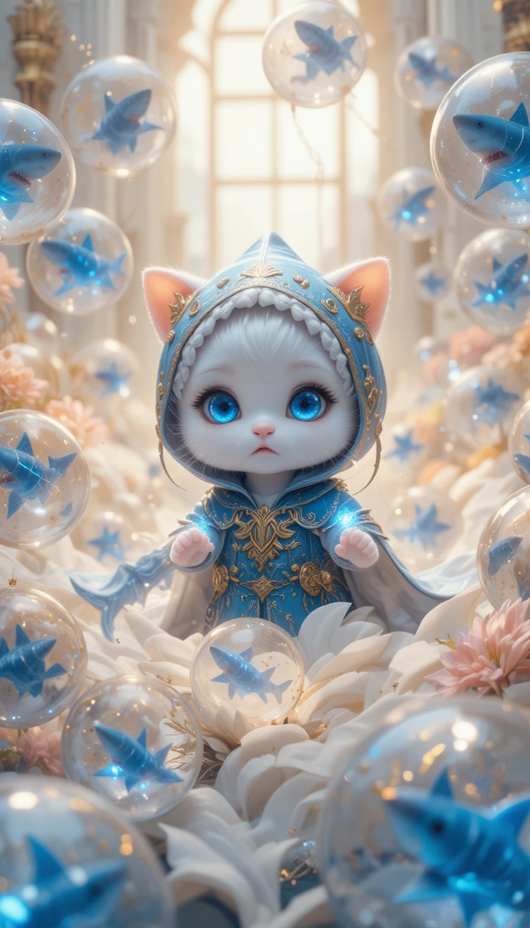 Chubby white kitten mage with crystal shark orbs