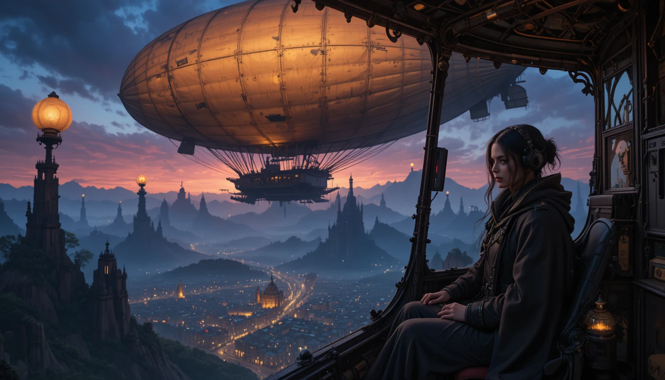 Woman piloting a steampunk airship through twilight skies