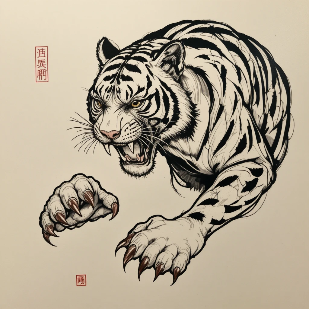 Minimalistische Tribal-Linienkunst eines angreifenden Tigers