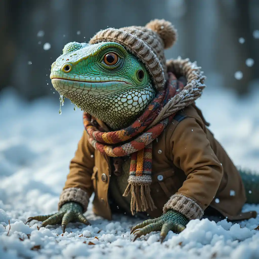 Green iguana in winter clothes shivering on the ground