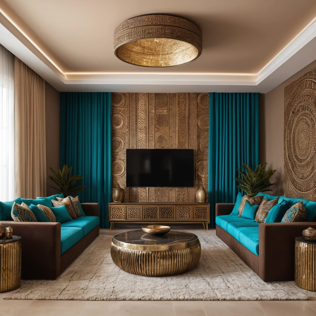 Modern living room with tv and afrocentric decor accents